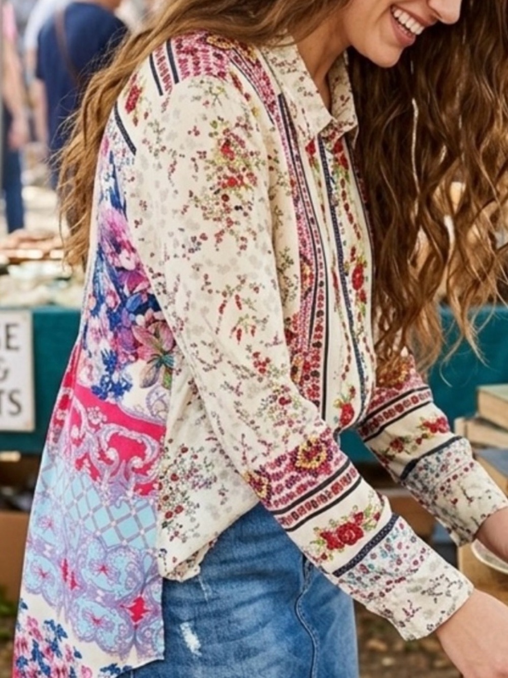 Anthropologie Cyrena Mixed Floral Print Rayon Linen Button Down Shirt Size L